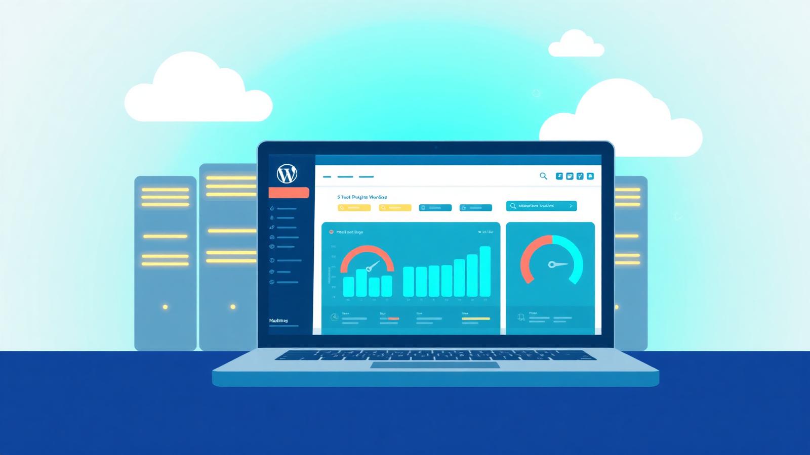 WordPress dashboard on a laptop with a speedometer overlay representing fast hosting